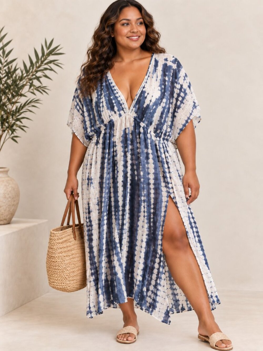 Raviya Tie Dye Braid Trim V Neck Cover Up Dress Batwing Rayon 2X NWT